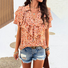 Printed ruffled short-sleeved T-shirt