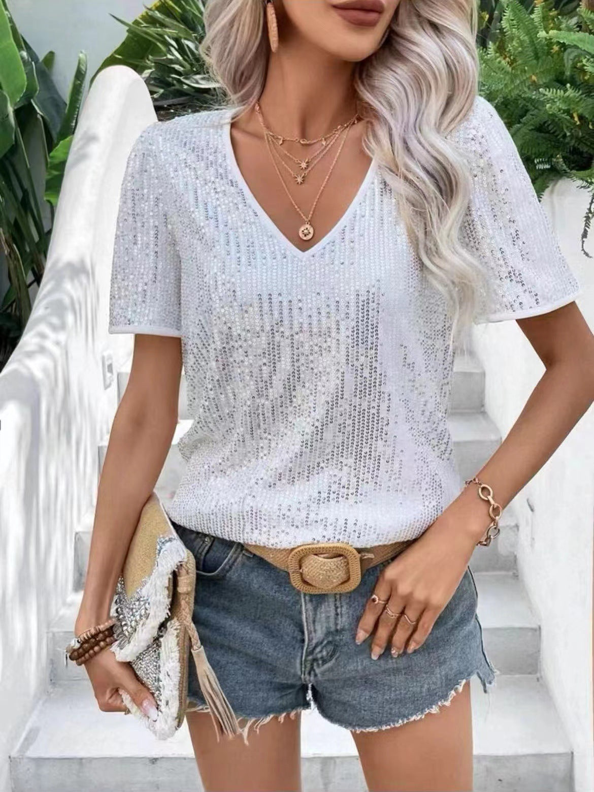 Sequined V-neck Short-sleeved T-shirt