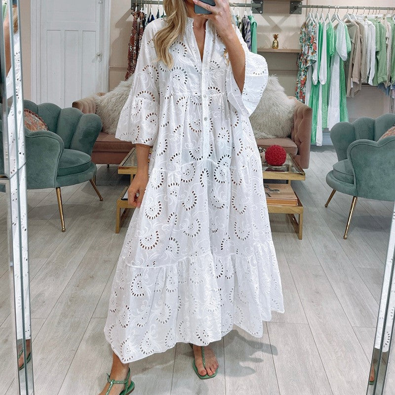 V-neck Trumpet Sleeve Lace Hollow Dress