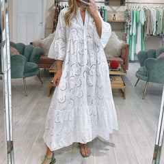 V-neck Trumpet Sleeve Lace Hollow Dress
