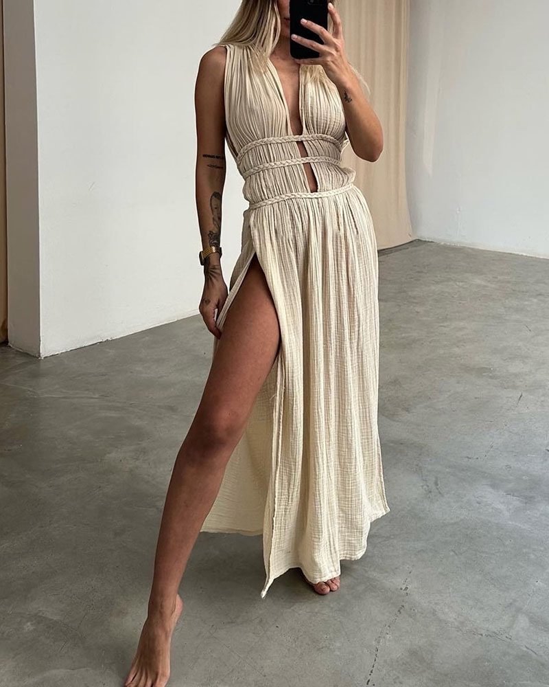 Linen Sleeveless Braided Belted Cutout Slit Dress