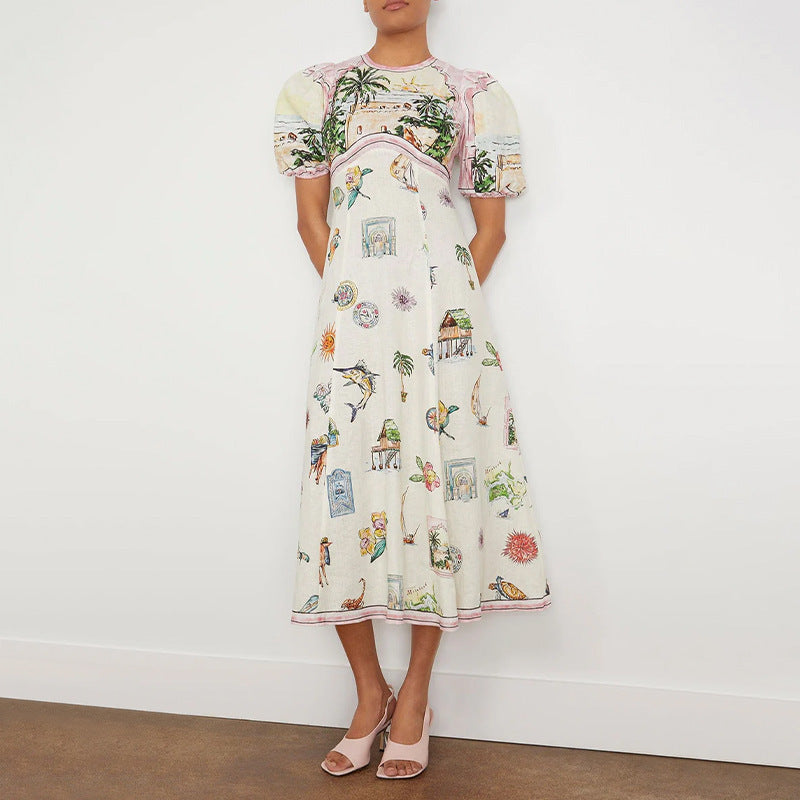 Sunset Printed Bubble Sleeve Dress