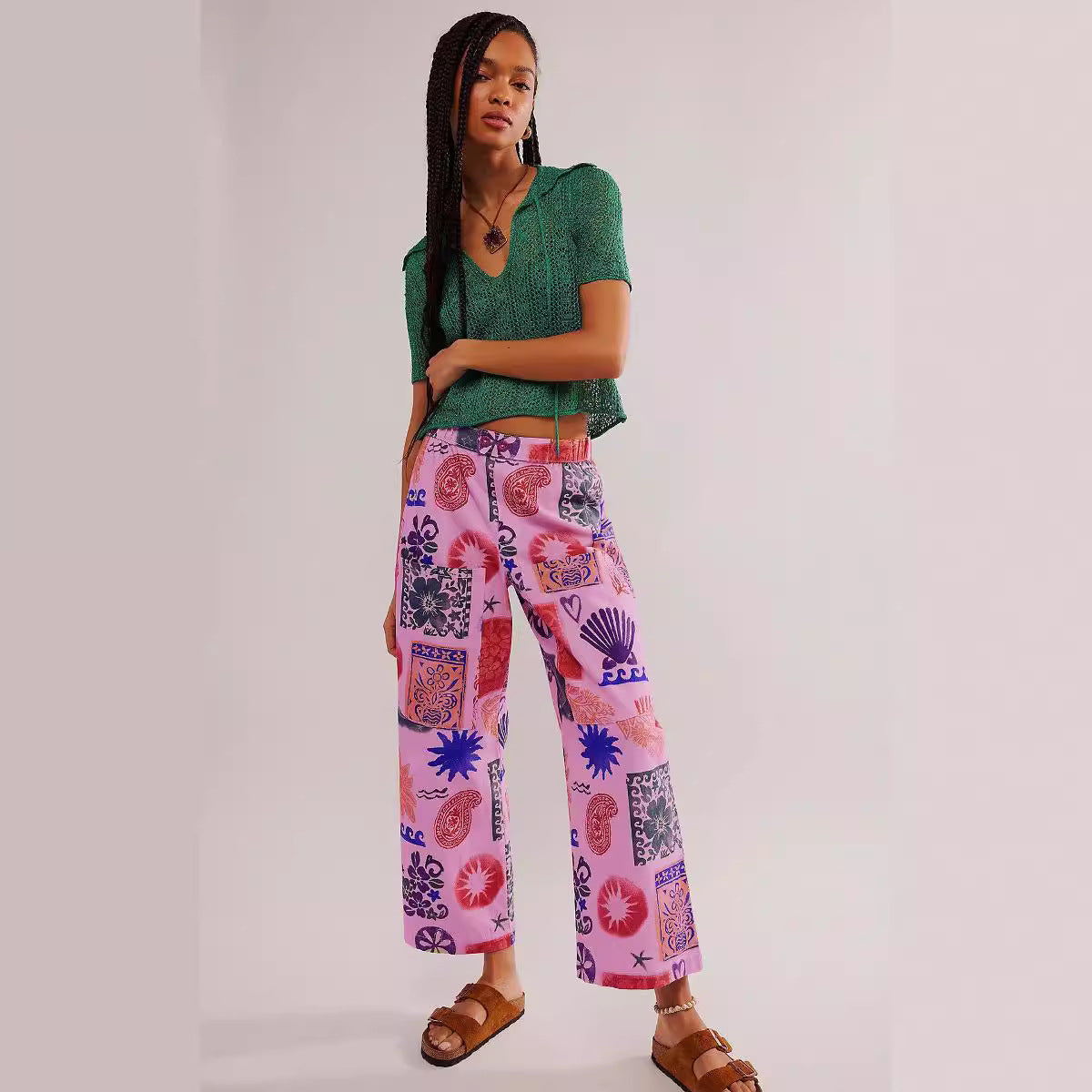 🌸Up to 50% off🔥 Floral Graphic Print Cotton Poplin Palazzo Pants