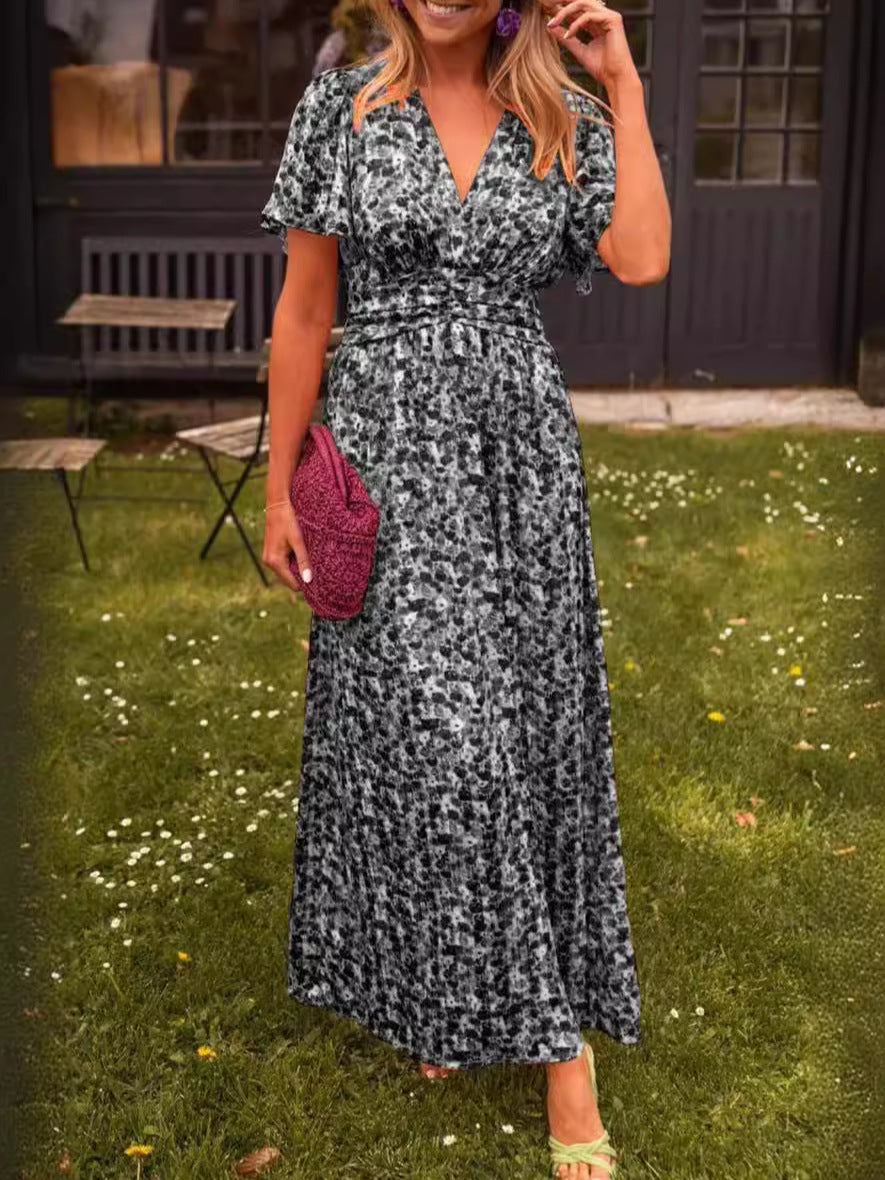 Women's Printed Waist V-Neck Long Dress