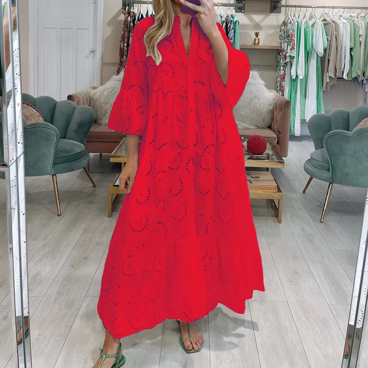 V-neck Trumpet Sleeve Lace Hollow Dress