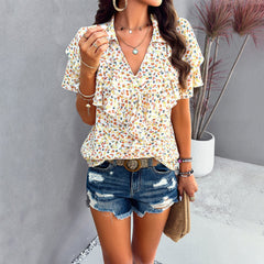 Printed ruffled short-sleeved T-shirt