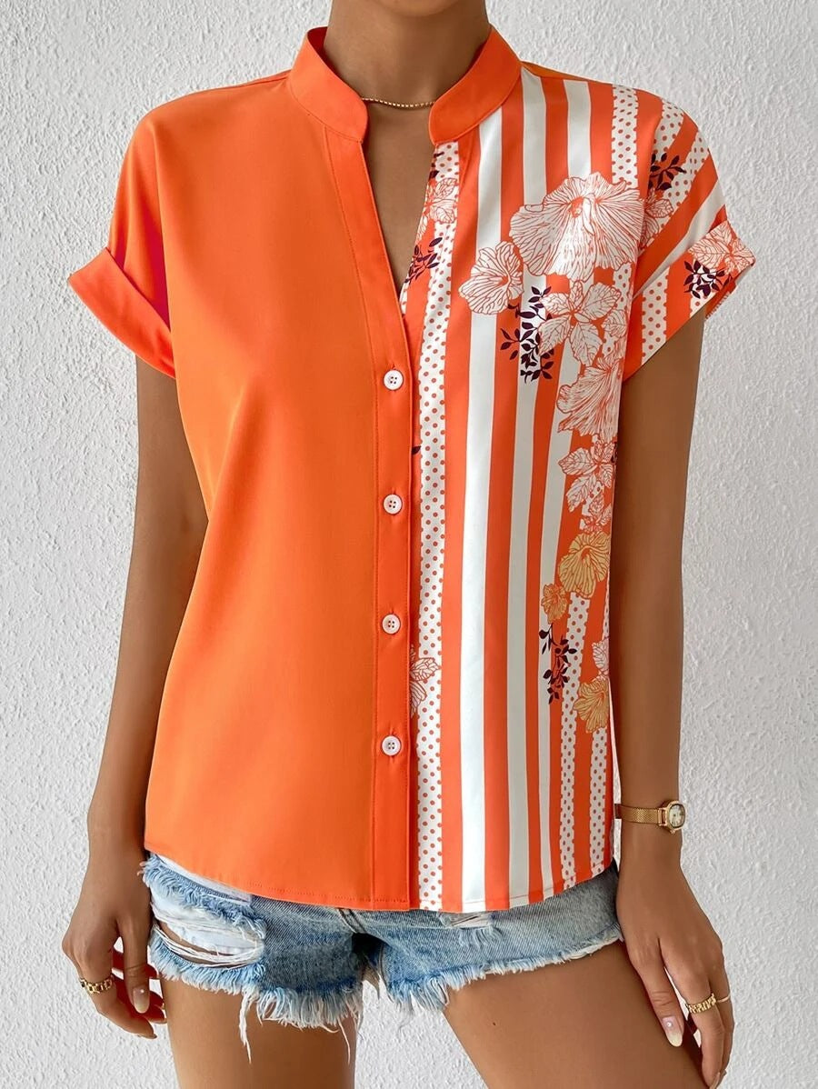 Double contrast floral button up shirt