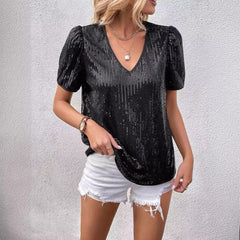 Sequined V-neck Short-sleeved T-shirt