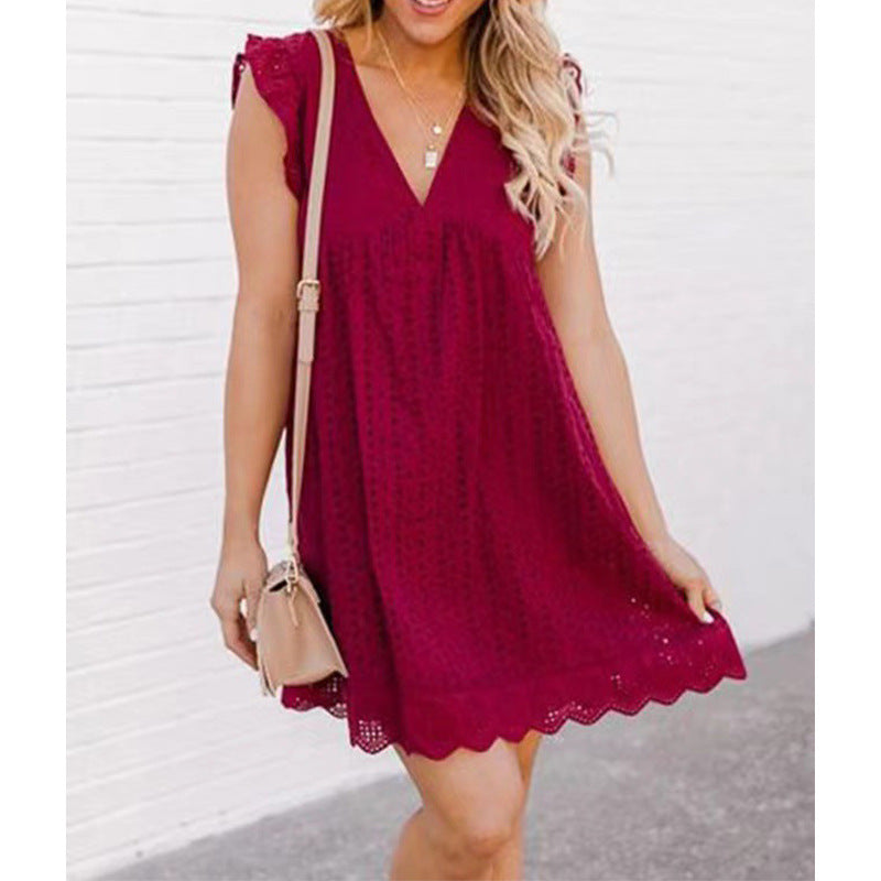 Lace Jacquard Hollowed Out V-neck Dress