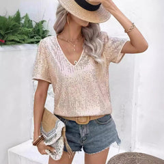 Sequined V-neck Short-sleeved T-shirt