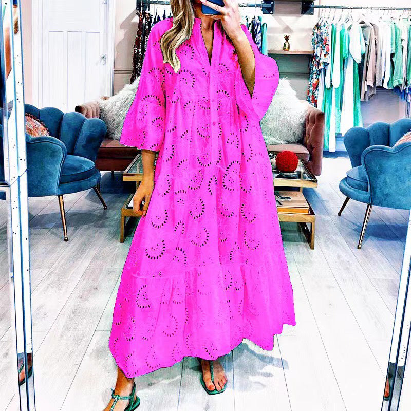V-neck Trumpet Sleeve Lace Hollow Dress