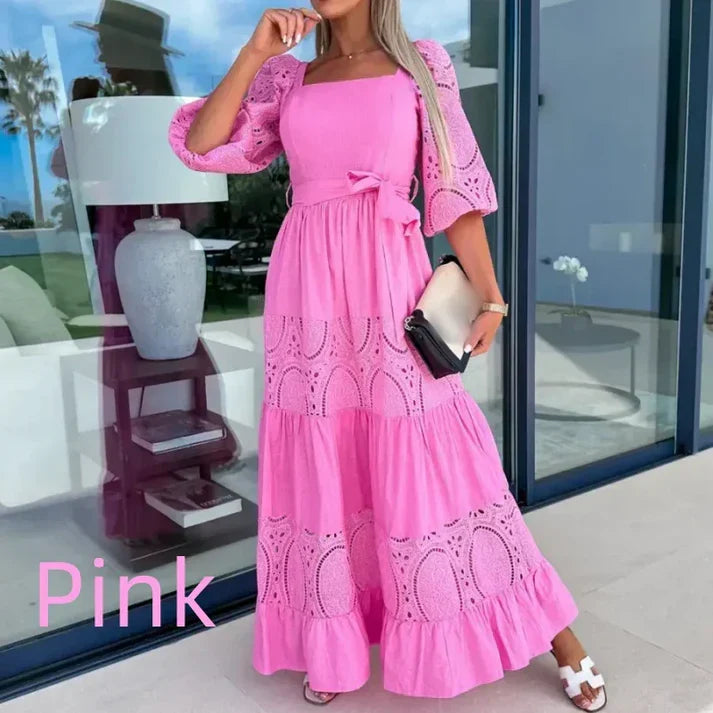 💕Women's Trendy Patchwork Tie Waist Square Neck Long Dress