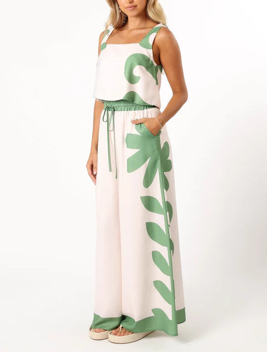 Vest Printed Elastic Waist Wide Leg Pants Two-piece Set