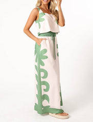 Vest Printed Elastic Waist Wide Leg Pants Two-piece Set