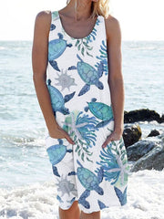 🔥Beach & Vacay🔥Turtle Print Crew Neck Tank Dress