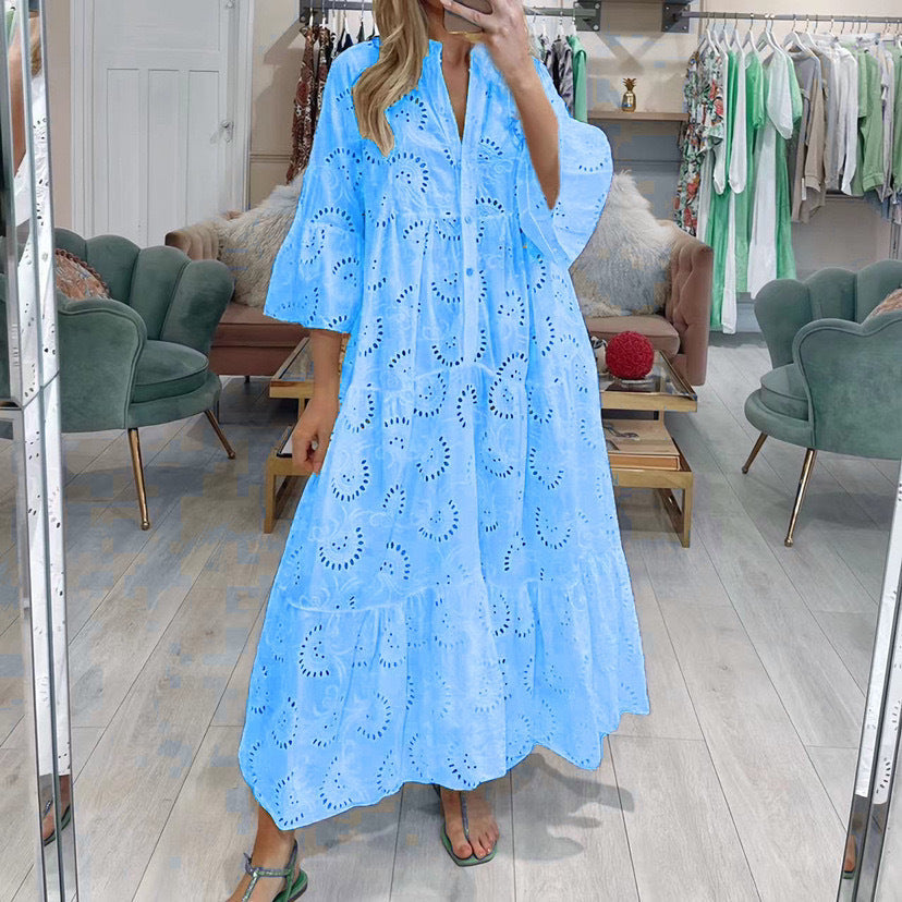 V-neck Trumpet Sleeve Lace Hollow Dress
