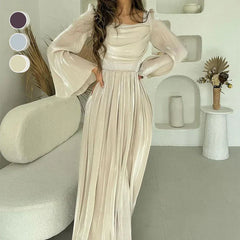 Women's Elegant Square Neck Pleated Flowy Long Dress