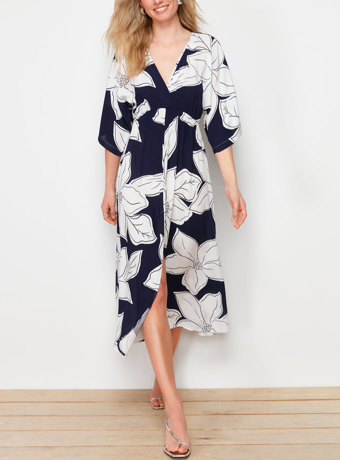 Floral Midi Three-Quarter Sleeve Casual Dresses