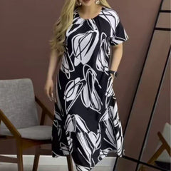 Floral Pattern Round Neck Short Sleeve Dress