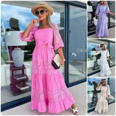 💕Women's Trendy Patchwork Tie Waist Square Neck Long Dress