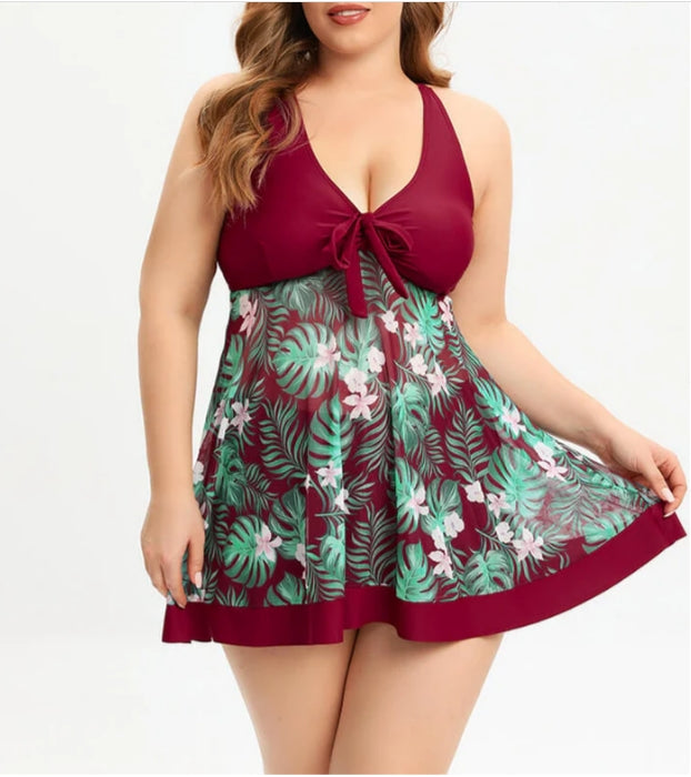 Plus Size Mesh Ruched Tie Front Crisscross Back Swim Dress