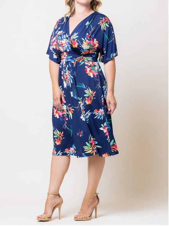 Printed V-Neck Short-Sleeved Midi Dress