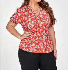 Plus Size Red Floral Puff Sleeve Elastic Waist Blouse
