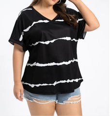 Plus Size Striped V-Neck Cuffed Sleeve Tee