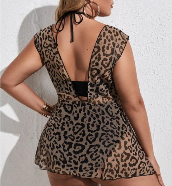 Plus Size Crisscross Leopard V-Neck Swim Dress