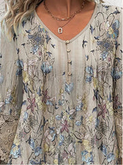 3/4 Sleeve V-neck Butterfly Floral Printed Plus Size Tops