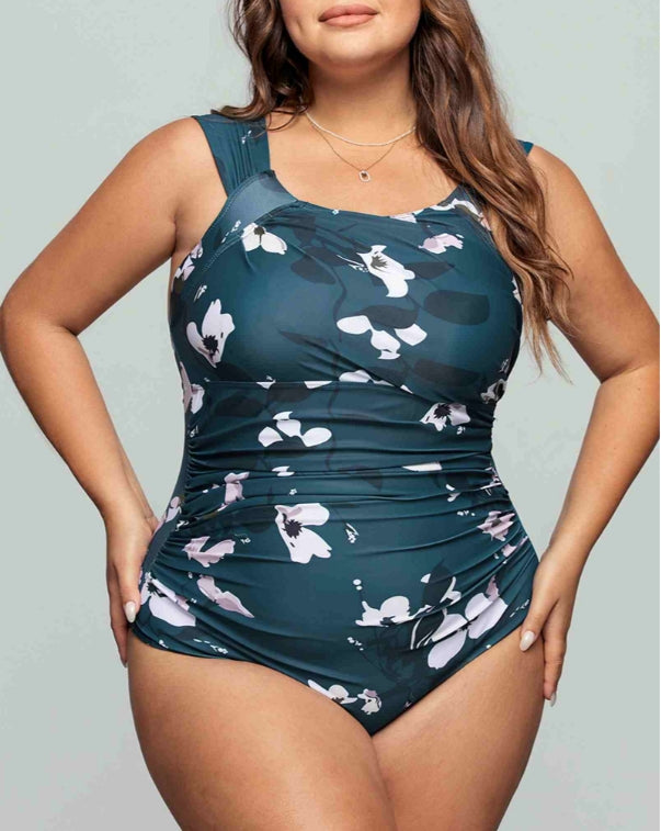 Floral Wide Straps Off Shoulder One-Piece Plus Size Swimsuit