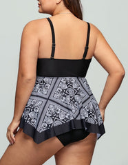 Black Print Square Neck Plus Size Swimdress