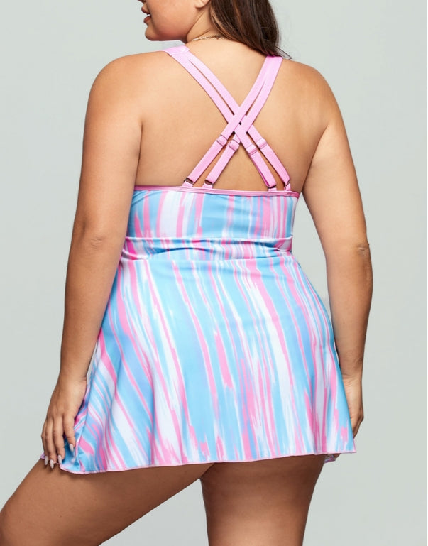 Light Pink Striped Sweetheart Neck Plus Size Swimdress