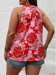 Plus Size Floral Print V-Neck Halter Tie Back Top