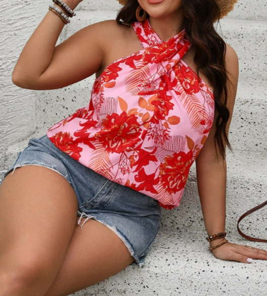 Plus Size Floral Print V-Neck Halter Tie Back Top