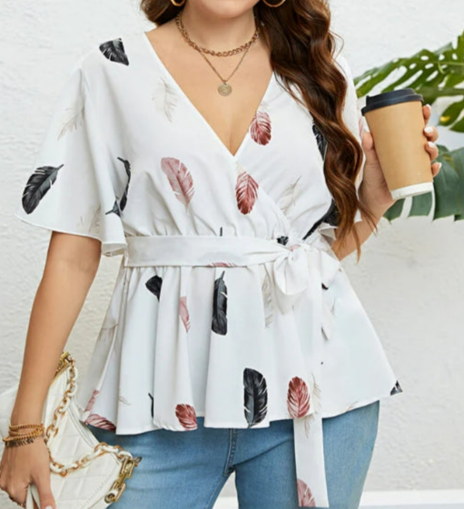 Plus Size White Feather Print Crisscross Ruffle Wrap Blouse