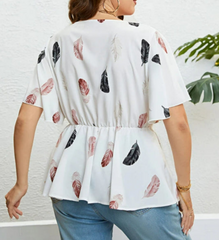 Plus Size White Feather Print Crisscross Ruffle Wrap Blouse