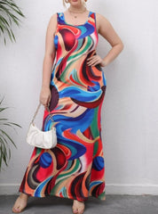 Plus Size Irregular Mixed Color Printed Long Casual Dress