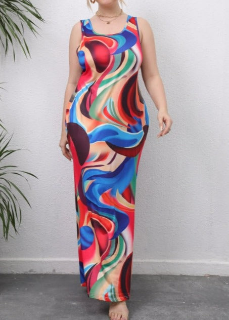 Plus Size Irregular Mixed Color Printed Long Casual Dress