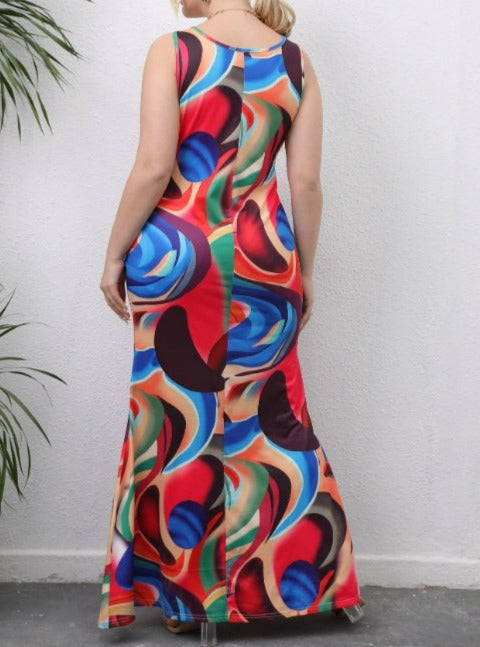 Plus Size Irregular Mixed Color Printed Long Casual Dress