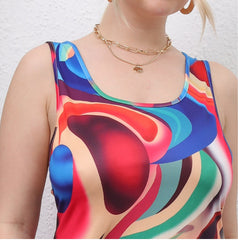 Plus Size Irregular Mixed Color Printed Long Casual Dress