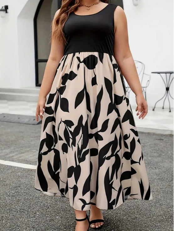 Plus Size Patchwork Round Neck Ruched Tank Dress