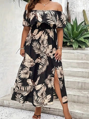 Plus Size Printed Off-Shoulder Thigh-High Slit Dress