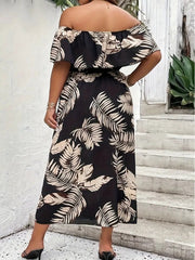 Plus Size Printed Off-Shoulder Thigh-High Slit Dress