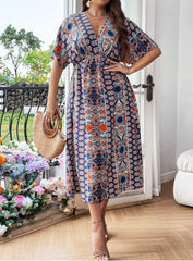 Plus Size Floral Waist V-Neck Dress