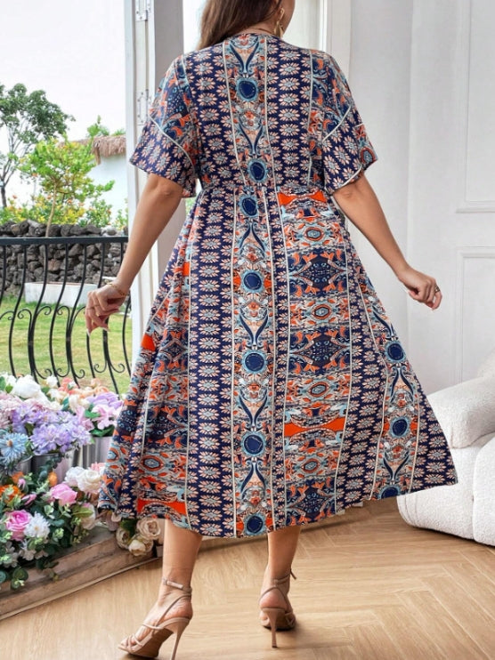 Plus Size Floral Waist V-Neck Dress