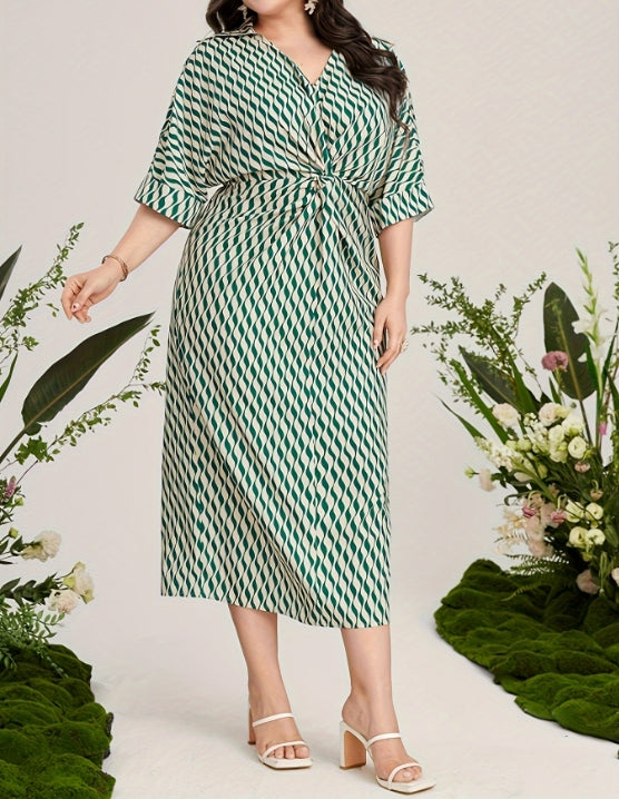 Plus Size V-Neck Water Ripple Dress