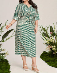 Plus Size V-Neck Water Ripple Dress