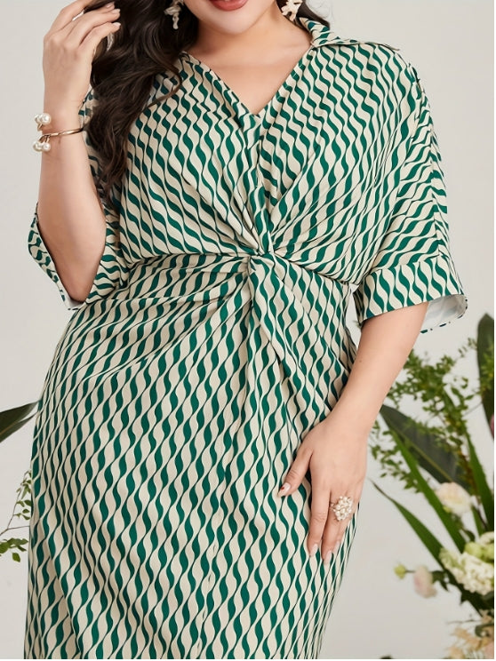 Plus Size V-Neck Water Ripple Dress