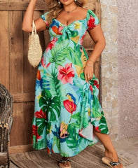 V-Neck Waisted Tropical Plant Print Plus Size Dress